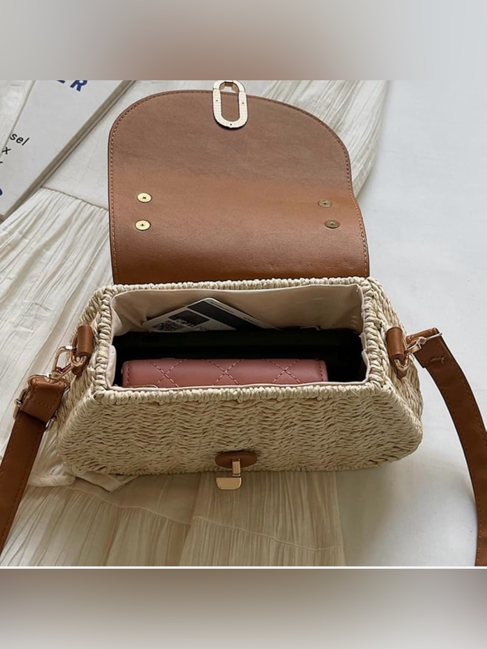Woven Tan and Cream Top-Handle Satchel with Adjustable Strap - Picture 3 of 6